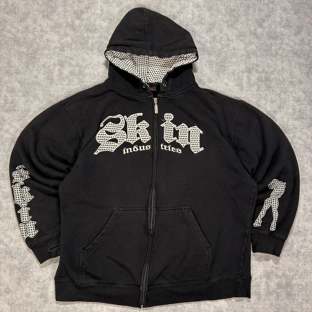 Vintage Y2K Skin Industries Zip Up Hoodie Mens XL Black Skin Babe Skate Grunge